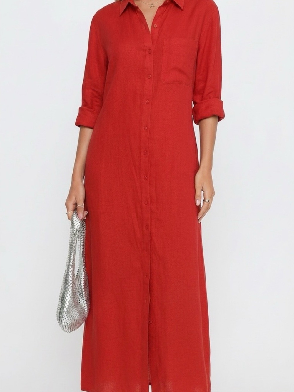 Classic Red Button-Front Maxi Shirt Dress 100% linen